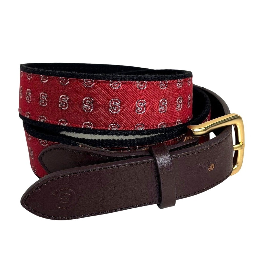 Stanford University Leather Silk Ribbon Belt XL 40-42 Red Logo Brass Buckle 50"